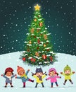 Happy kids playing near the Christmas tree under the snow. Happy new year and Merry Christmas card design Royalty Free Stock Photo