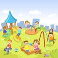 Happy kids playing in the park on cartoon cityscape with clouds in the sky. Cartoon flat vector illustration. Royalty Free Stock Photo