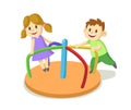 Happy kids playing on rotating roundabout carousel at the playground. Childhood, happiness, games. Cartoon flat vector