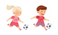 Happy kids playing soccer. Cute little children running with ball cartoon vector illustration Royalty Free Stock Photo