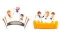 Happy Kids Playing Trampoline Set, Cute Boys Bouncing and Having Fun, Active Children Game Cartoon Vector Illustration Royalty Free Stock Photo