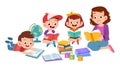 happy kids read book study together with teacher Royalty Free Stock Photo