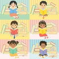 Happy Children Reading Book Vector Set Royalty Free Stock Photo