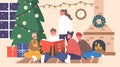 Happy Kids Reading Fairy Tale Stories at Christmas Eve. Happy Boys and Girls Characters Sitting at Fire Place and Tree Royalty Free Stock Photo