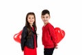 Happy kids with red heart balloon Royalty Free Stock Photo