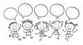 Happy kids in a row with speech bubbles, outline stick figure