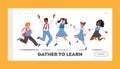 Happy Kids in School Uniform with Backpacks Jumping Landing Page Template. Schoolboys and Schoolgirls Laughing