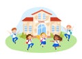 Happy Kids in School Uniform with Backpacks Jumping in School Yard. Schoolboys and Schoolgirls Characters