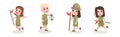 Happy Kids Scout with Flag and Lantern Hiking Enjoying Outdoor Adventure Vector Set