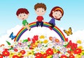 Happy kids sitting on rainbow over flower background