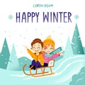 Happy kids sledding. Little children with sledge cartoon characters. Cold season recreation concept. Royalty Free Stock Photo