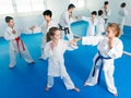 Happy kids sparring in pairs in karate class Royalty Free Stock Photo