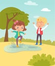 Happy kids in spring. Children in warm weather having fun outdoor vector illustration. Girl jumping in boots in puddle