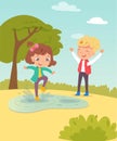 Happy kids in spring. Children in warm weather having fun outdoor vector illustration. Girl jumping in boots in puddle Royalty Free Stock Photo
