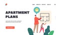 Happy Kids Stand at Apartment Layout Landing Page Template. Girl and Boy Characters Choose New Home