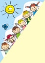 Happy kids at sun and butterfly, banner, vector icon, Royalty Free Stock Photo