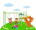 Happy kids swinging in children\'s playground