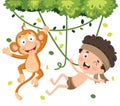 Happy Kids Swinging With Monkey In Jungle