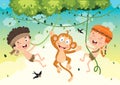 Happy Kids Swinging With Monkey In Jungle