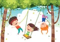 Happy Kids Swinging With Root Rope In Jungle
