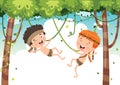 Happy Kids Swinging With Root Rope In Jungle