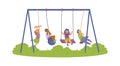 Happy kids swinging on swing, bungee in park at playground in flat illustration Royalty Free Stock Photo