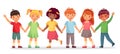 Happy kids team. Multinational childrens, school girls and boys stand together holding hands isolated vector Royalty Free Stock Photo