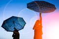 Happy Kids with an umbrella silhouette on nature in the park sunset