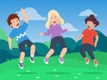 happy kids jumping on the field, cartoon vector illustration Royalty Free Stock Photo