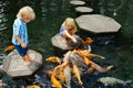 Kids walk by stepping stones, feeding koi fishes in pond