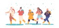 Happy Kids Walk under Rain Without Umbrella, Little Boys and Girls Characters in Warm Clothes Walking with Backpacks