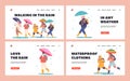 Happy Kids Walk under Umbrella Landing Page Template Set. Little Boys and Girls Characters Walking in Waterproof Clothes