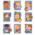 Happy Kids in the Window Giving Wrapped Gift Box Vector Set