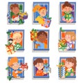 Happy Kids in the Window Giving Wrapped Gift Box Vector Set