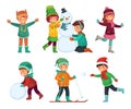 Happy kids winter activities. Children playing with snow. Cartoon kid characters in winters hats vector collection Royalty Free Stock Photo