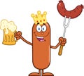Happy King Sausage Cartoon Character Holding A Beer And Weenie On A Fork