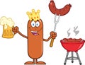 Happy King Sausage Cartoon Character Holding A Beer And Weenie Next To BBQ