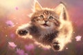 Happy kitten fly and jump over pink flower meadow. Generative AI