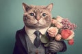 happy kitty in a business suit holding a flower bouquet, created with Generative AI technology