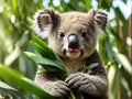 Happy koala eating bamboo leaves in forest, generative ai