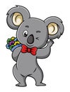 The happy koala is hiding the bouquet of flowers for valentine