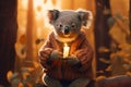 Happy koala in hoodie in autumn forest.