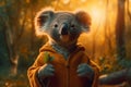 Happy koala in hoodie in autumn forest.