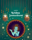 Happy Krishna Janmashtami background with matki, makhan, flute, peacock feather. Dahi Handi Mandala Hindu Festival Vertical Poster