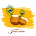 Happy krishna janmashtami card with matki and makhan background