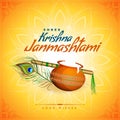 happy krishna janmashtami festival greeting with matki and flute