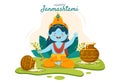 Happy Krishna Janmashtami festival of India with Bansuri and Flute, Dahi Handi and Peacock Feather in Cute Cartoon Illustration