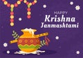 Happy Krishna Janmashtami festival of India with Bansuri and Flute, Dahi Handi and Peacock Feather in Cute Cartoon Illustration