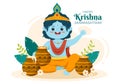 Happy Krishna Janmashtami festival of India with Bansuri and Flute, Dahi Handi and Peacock Feather in Cute Cartoon Illustration