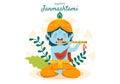 Happy Krishna Janmashtami festival of India with Bansuri and Flute, Dahi Handi and Peacock Feather in Cute Cartoon Illustration